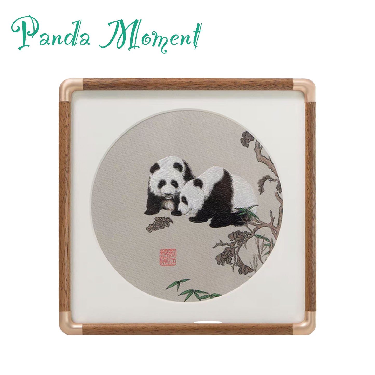 ๐ Panda Moment โ Traditional Shu Brocade Panda Artwork with Walnut Frame