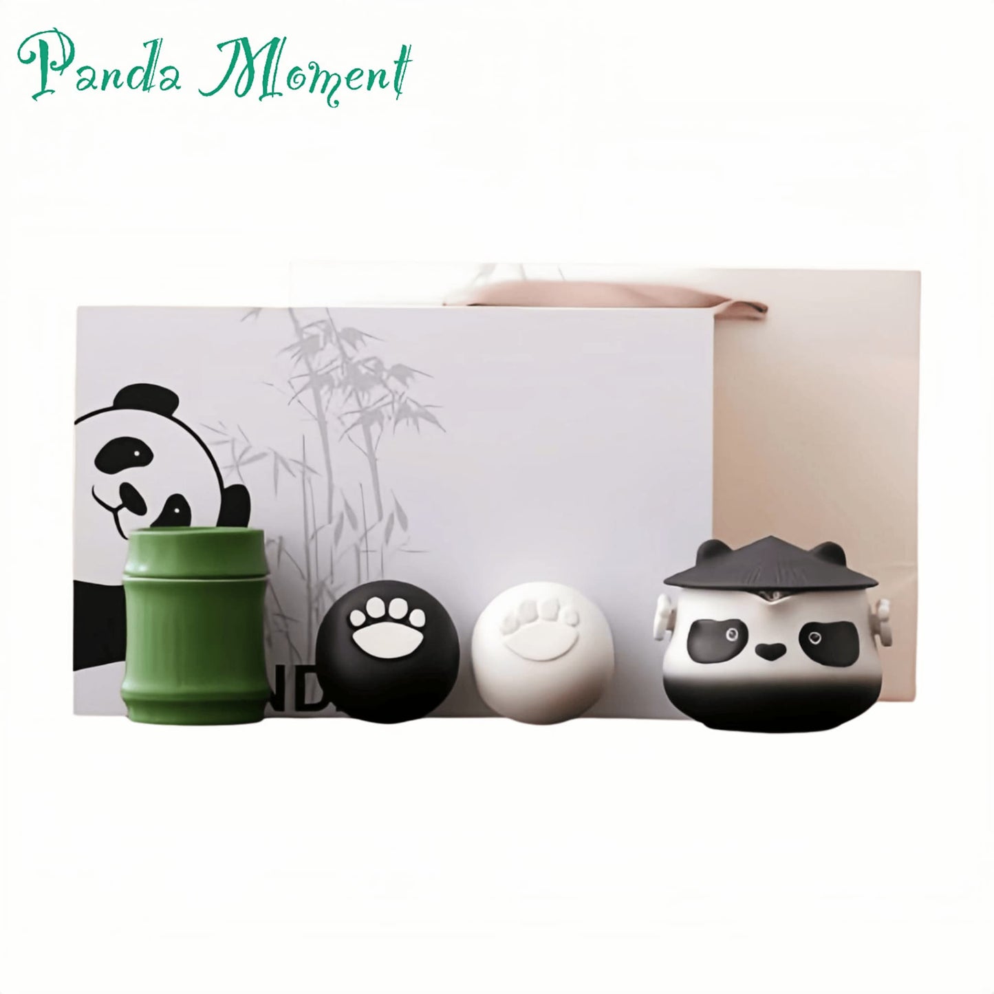 Panda Ceramic Tea Set – Adorable Teapot with Panda Design, Cups with Paw Print Details, Bamboo Tea Canister