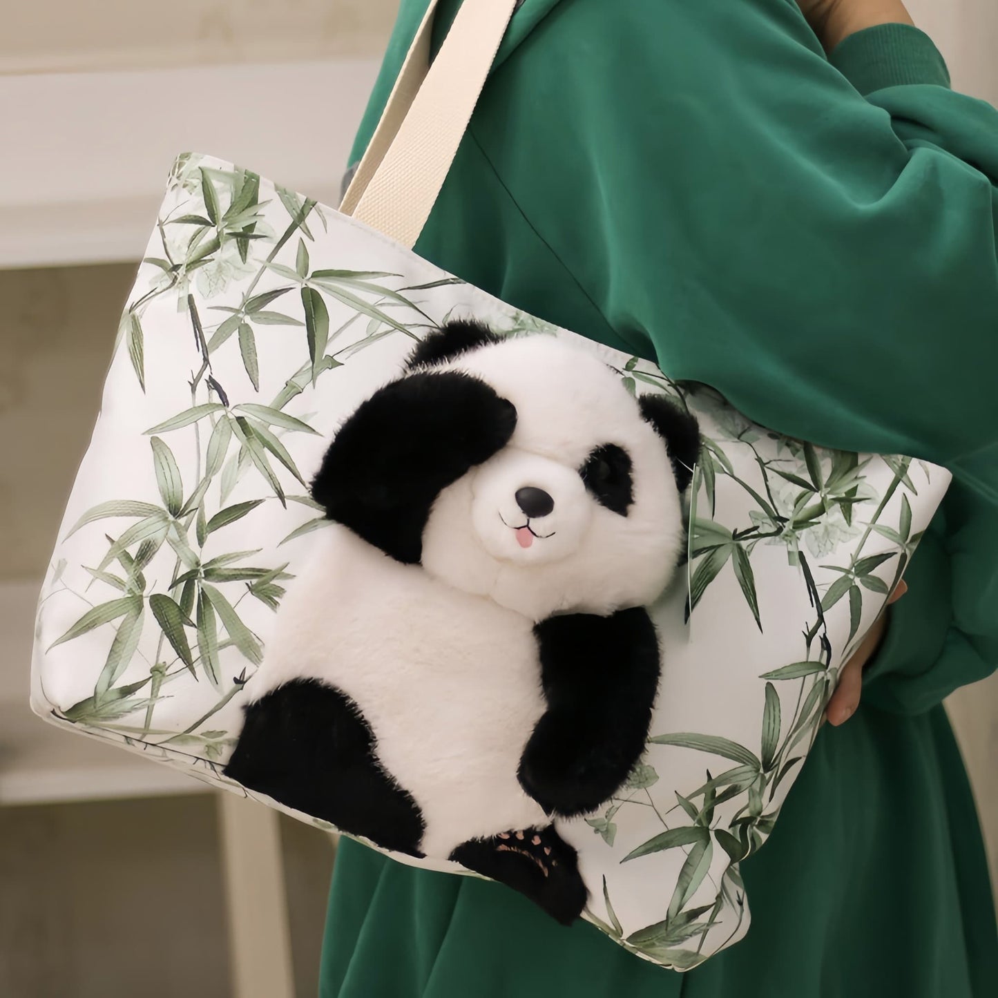 Cute Panda Tote Bag โ Canvas Handbag with Movable Plush Arms