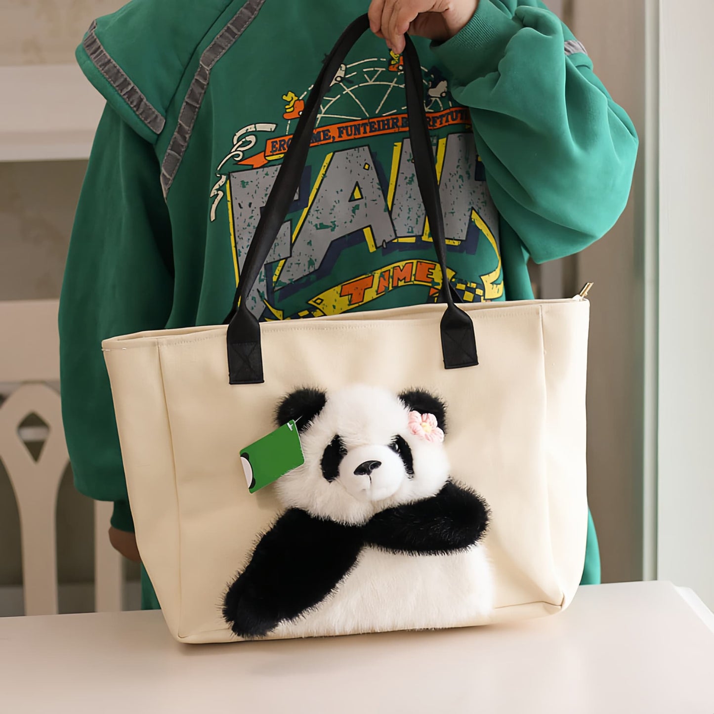 Cute Panda Tote Bag โ Canvas Handbag with Movable Plush Arms