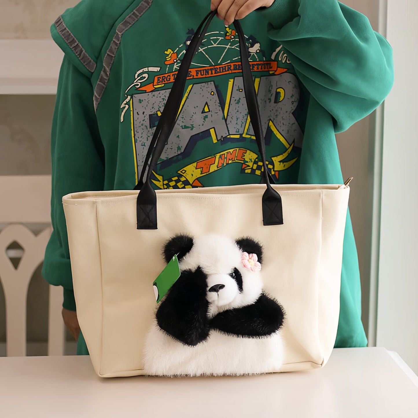 Cute Panda Tote Bag โ Canvas Handbag with Movable Plush Arms