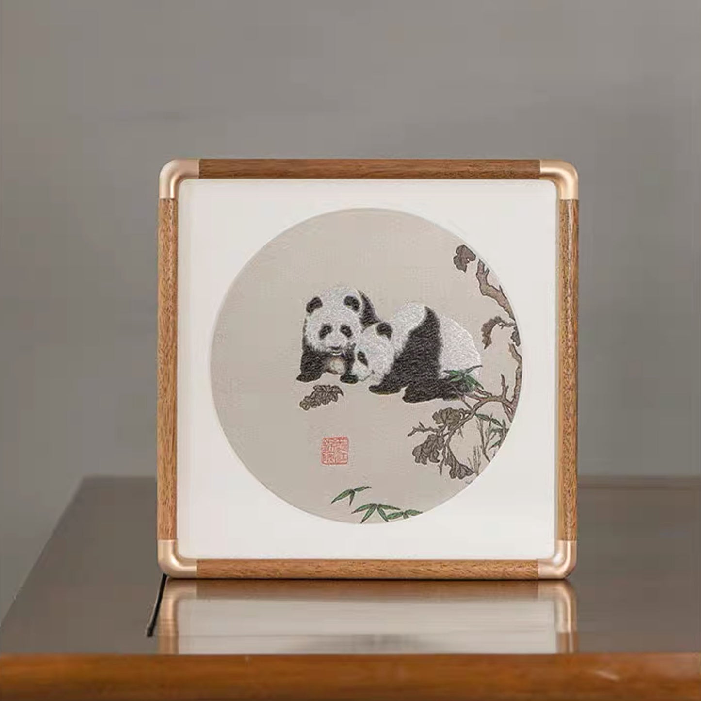 ๐ Panda Moment โ Traditional Shu Brocade Panda Artwork with Walnut Frame