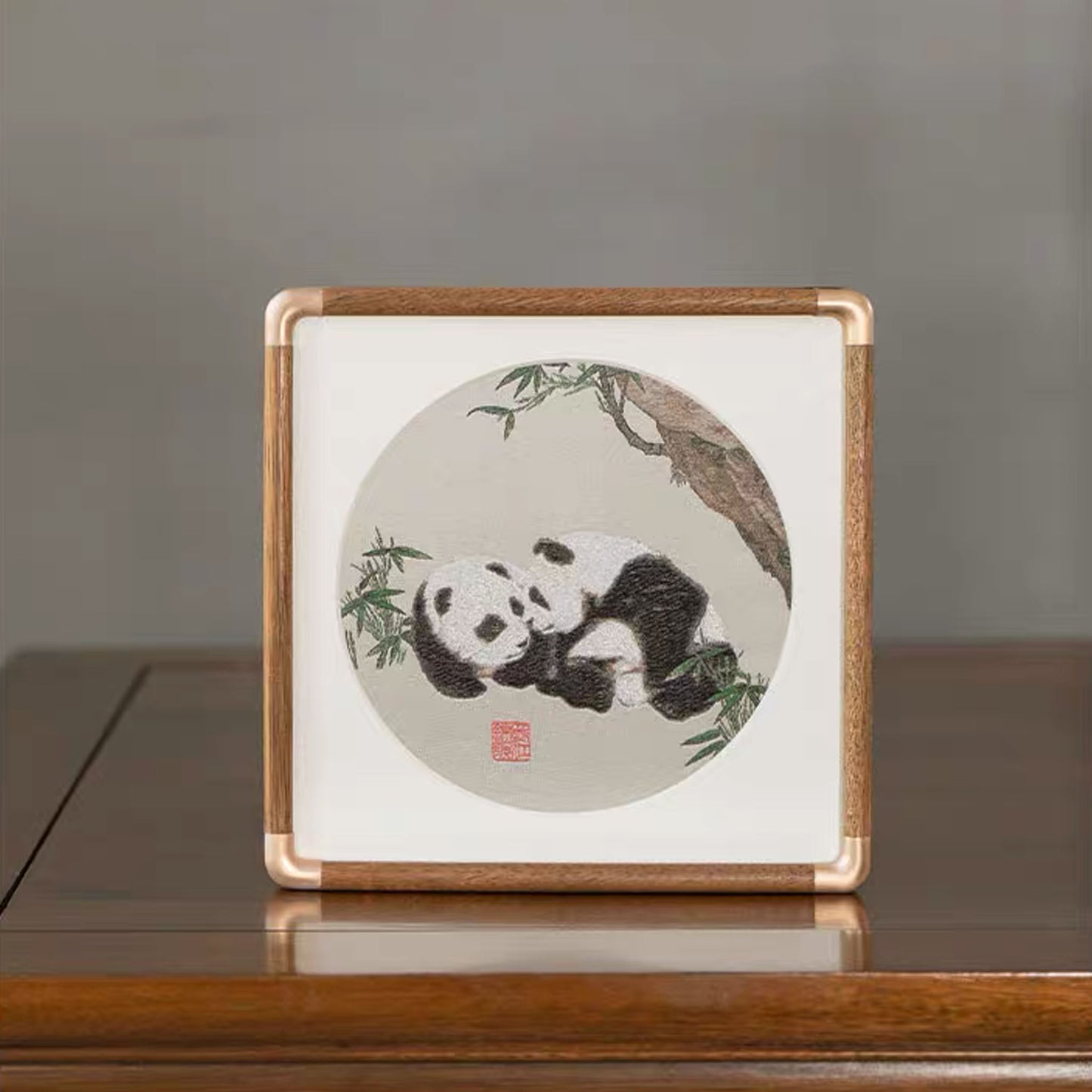 ๐ Panda Moment โ Traditional Shu Brocade Panda Artwork with Walnut Frame