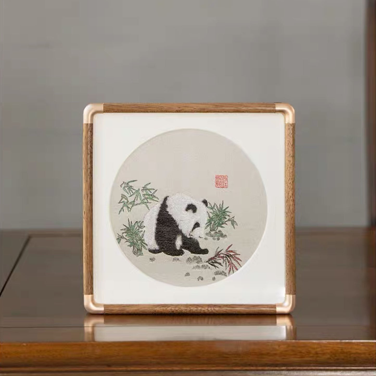 ๐ Panda Moment โ Traditional Shu Brocade Panda Artwork with Walnut Frame