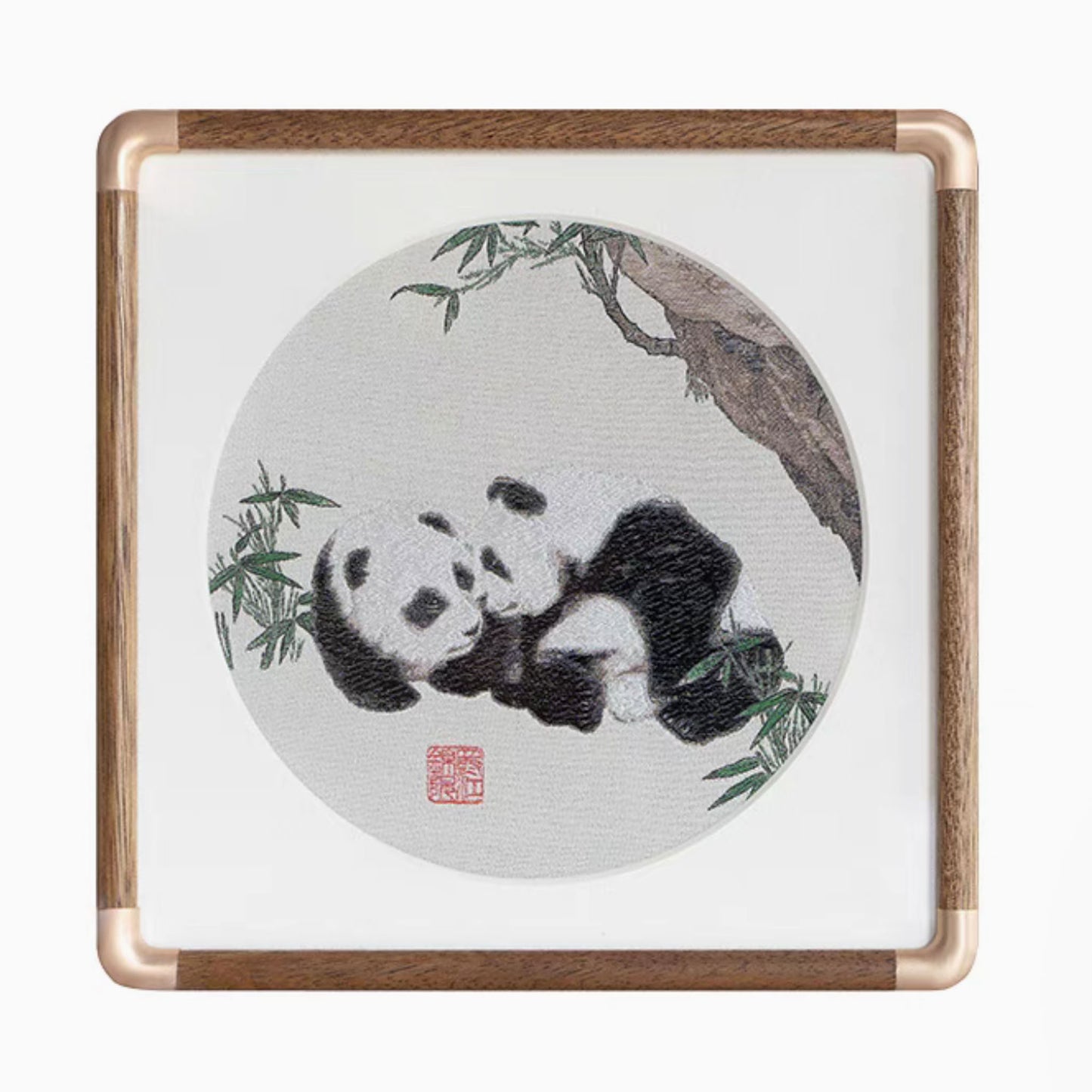 ๐ Panda Moment โ Traditional Shu Brocade Panda Artwork with Walnut Frame