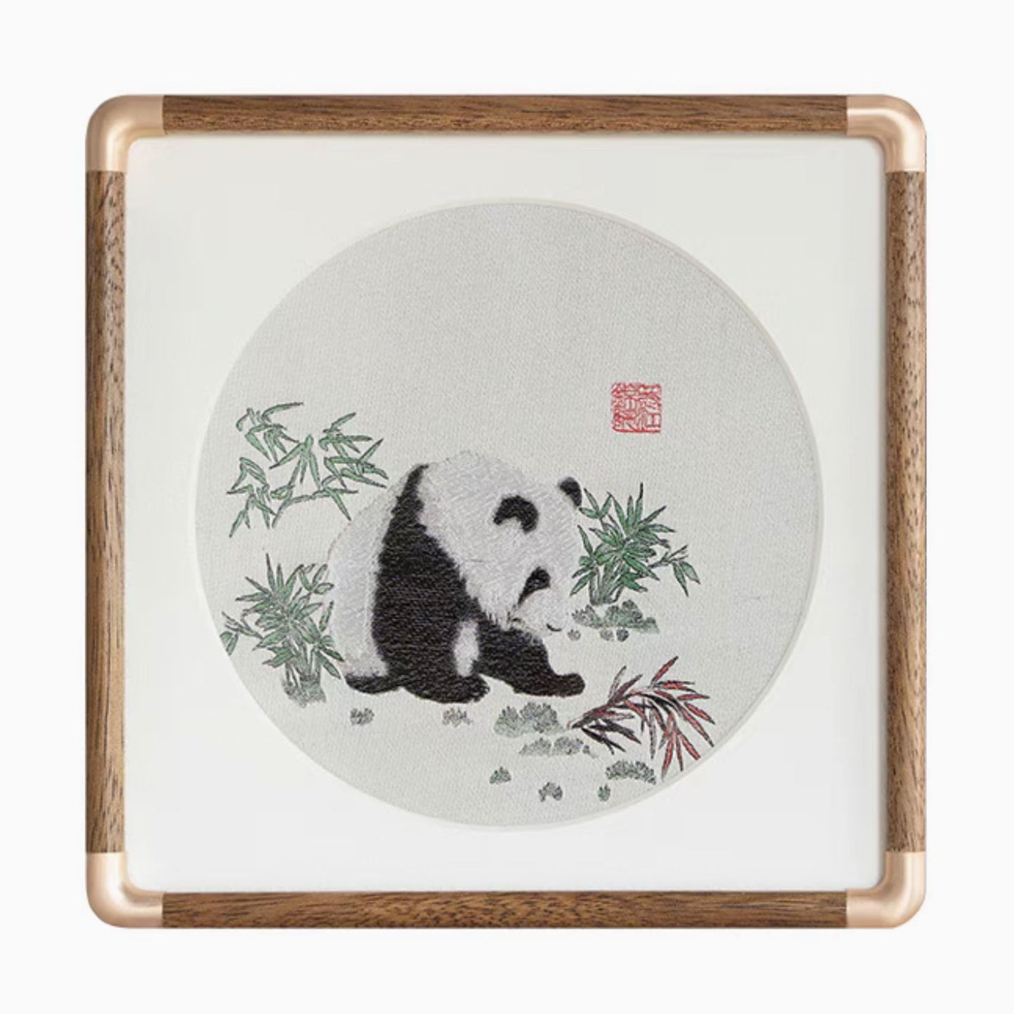 ๐ Panda Moment โ Traditional Shu Brocade Panda Artwork with Walnut Frame