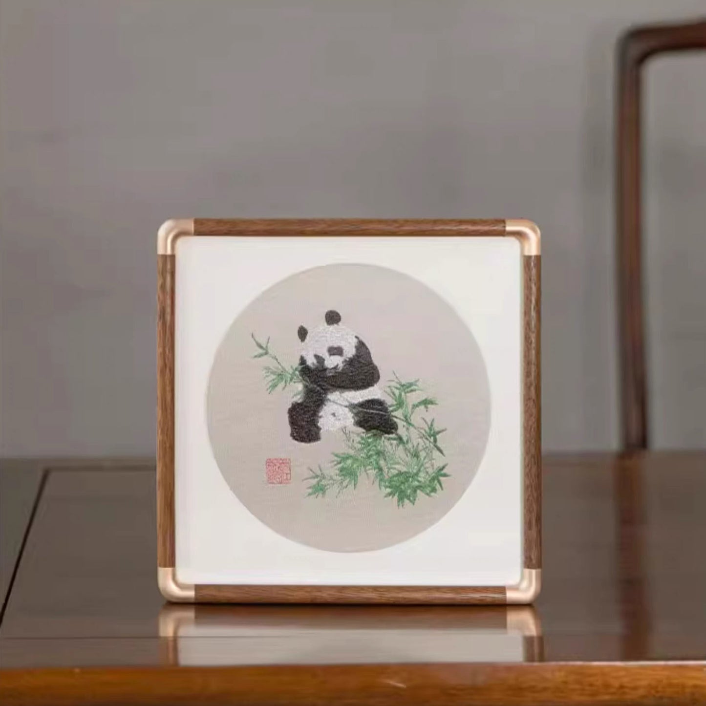 ๐ Panda Moment โ Traditional Shu Brocade Panda Artwork with Walnut Frame