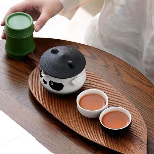 Panda Ceramic Tea Set – Adorable Teapot with Panda Design, Cups with Paw Print Details, Bamboo Tea Canister