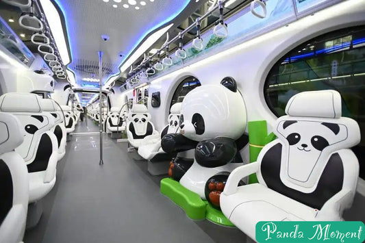China's first panda-themed monorail train in Chongqing, with black-and-white panda face design on the front and cartoon pandas painted on the sides, running on elevated tracks.