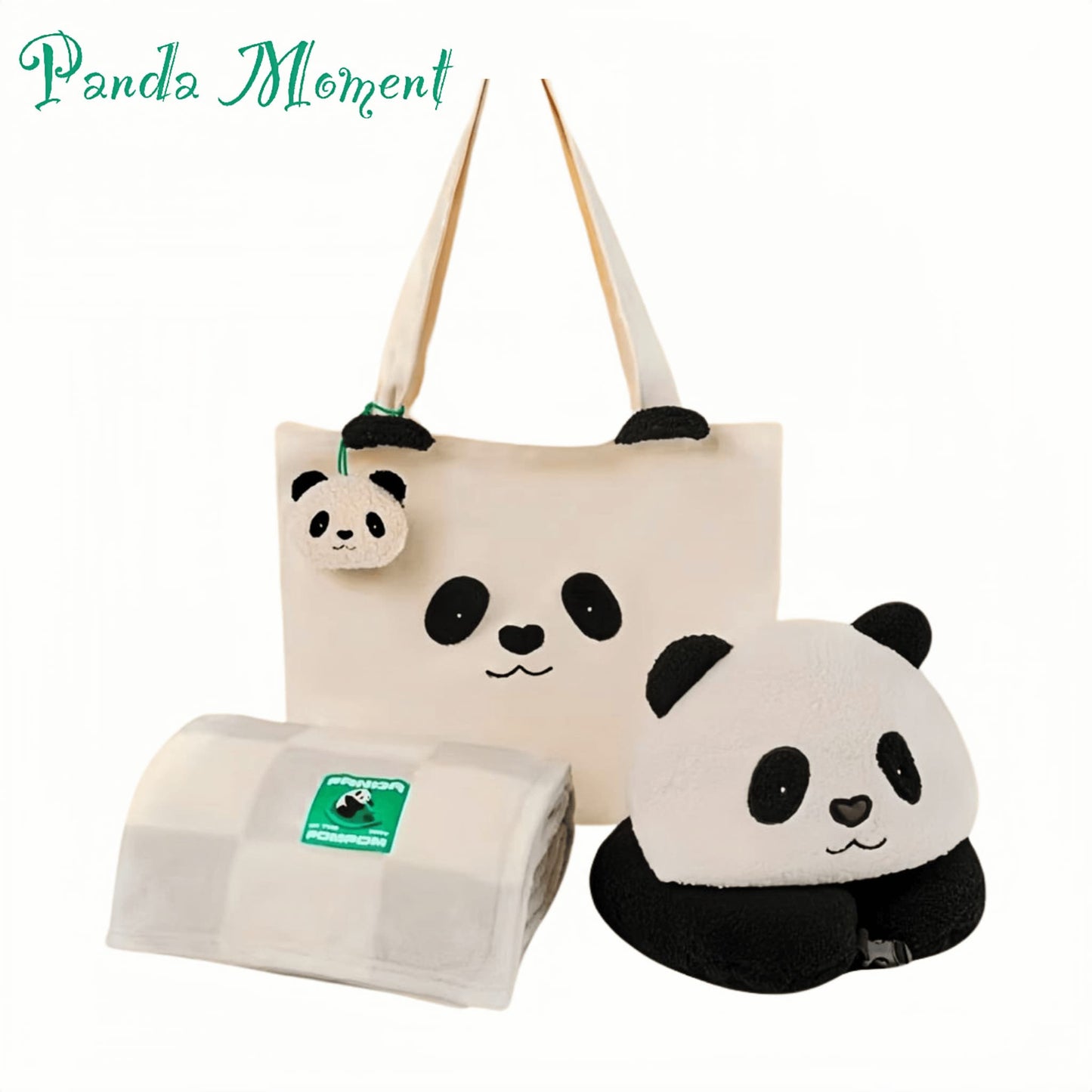 Panda Travel Set – 4-in-1 Cozy Nap Kit with Blanket, Hooded Neck Pillow, Canvas Bag & Keychain