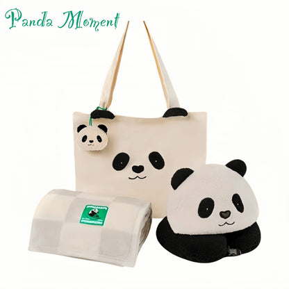 Panda Travel Set – 4-in-1 Cozy Nap Kit with Blanket, Hooded Neck Pillow, Canvas Bag & Keychain