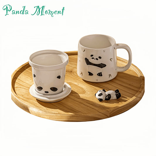 🐼 Panda Ceramic Mug – Stylish High-Temp Fired Cup with Lid & Wood Handle for Tea, Coffee, or Wine