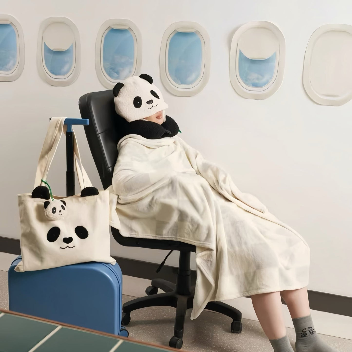 Panda Travel Set – 4-in-1 Cozy Nap Kit with Blanket, Hooded Neck Pillow, Canvas Bag & Keychain