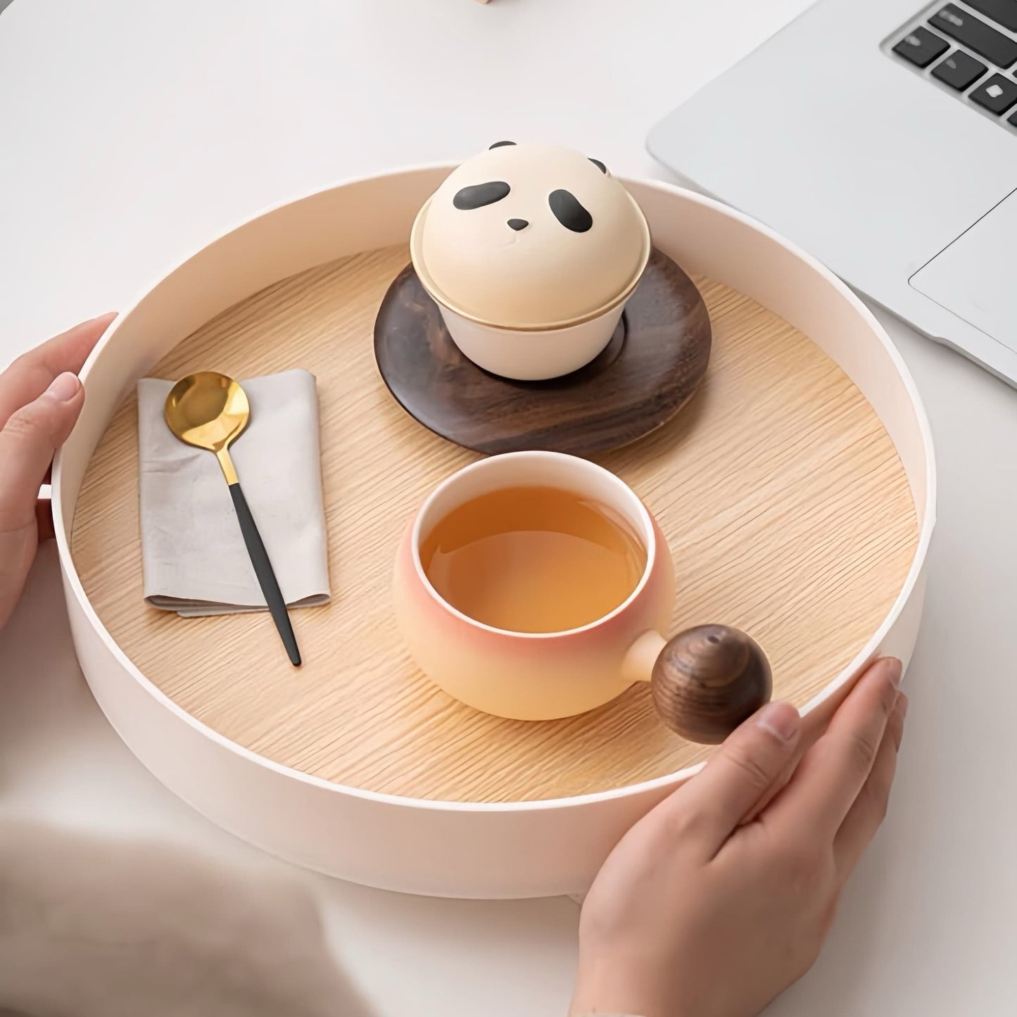 ☕ Panda Sip Mug – Charming Coffee Cup with Panda Lid and Walnut Wood Coaster