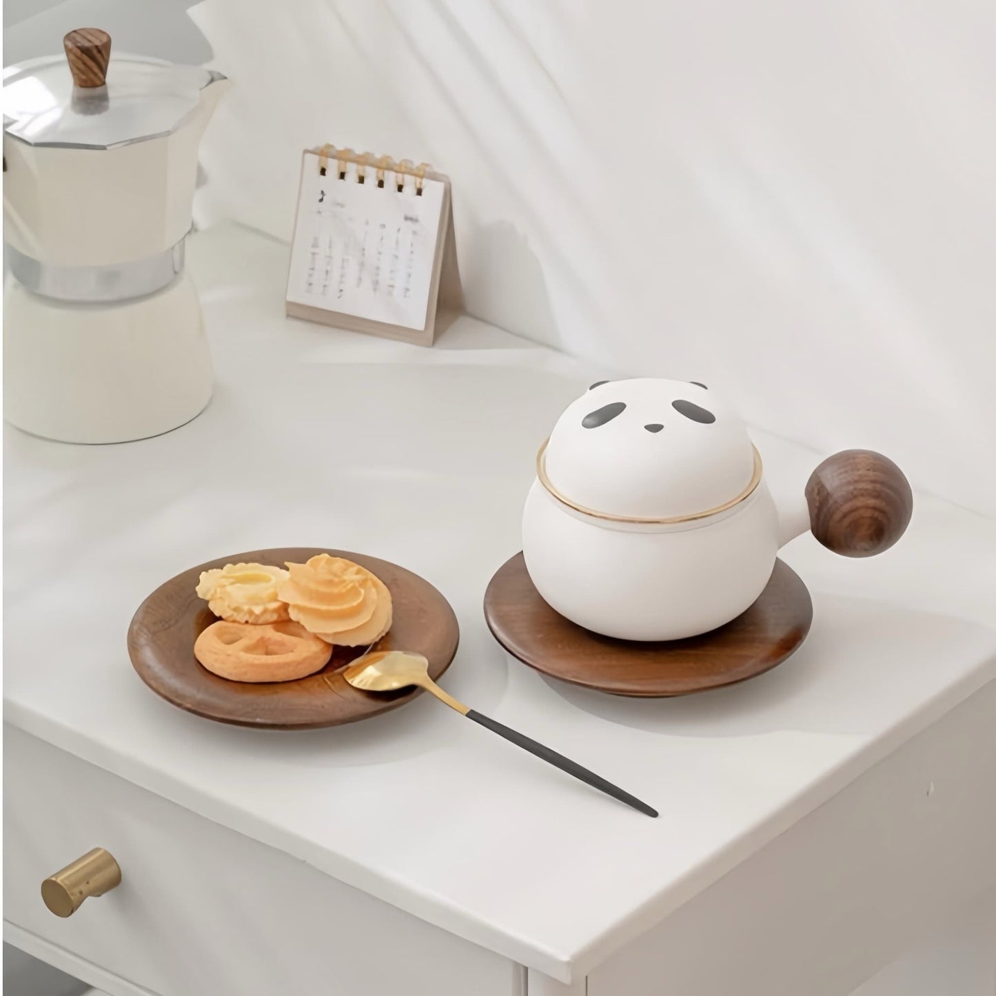 ☕ Panda Sip Mug – Charming Coffee Cup with Panda Lid and Walnut Wood Coaster