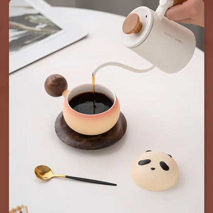 ☕ Panda Sip Mug – Charming Coffee Cup with Panda Lid and Walnut Wood Coaster