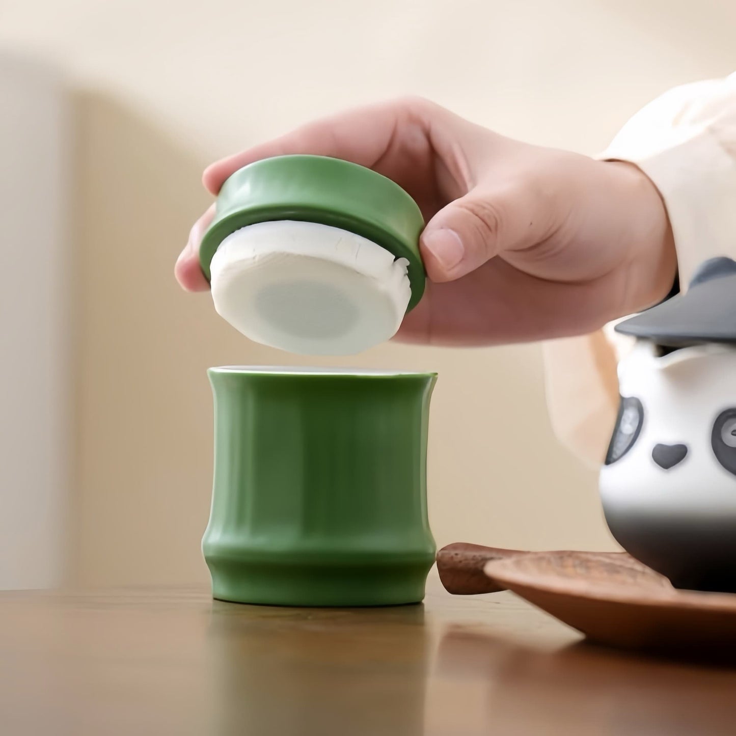 Panda Ceramic Tea Set – Adorable Teapot with Panda Design, Cups with Paw Print Details, Bamboo Tea Canister