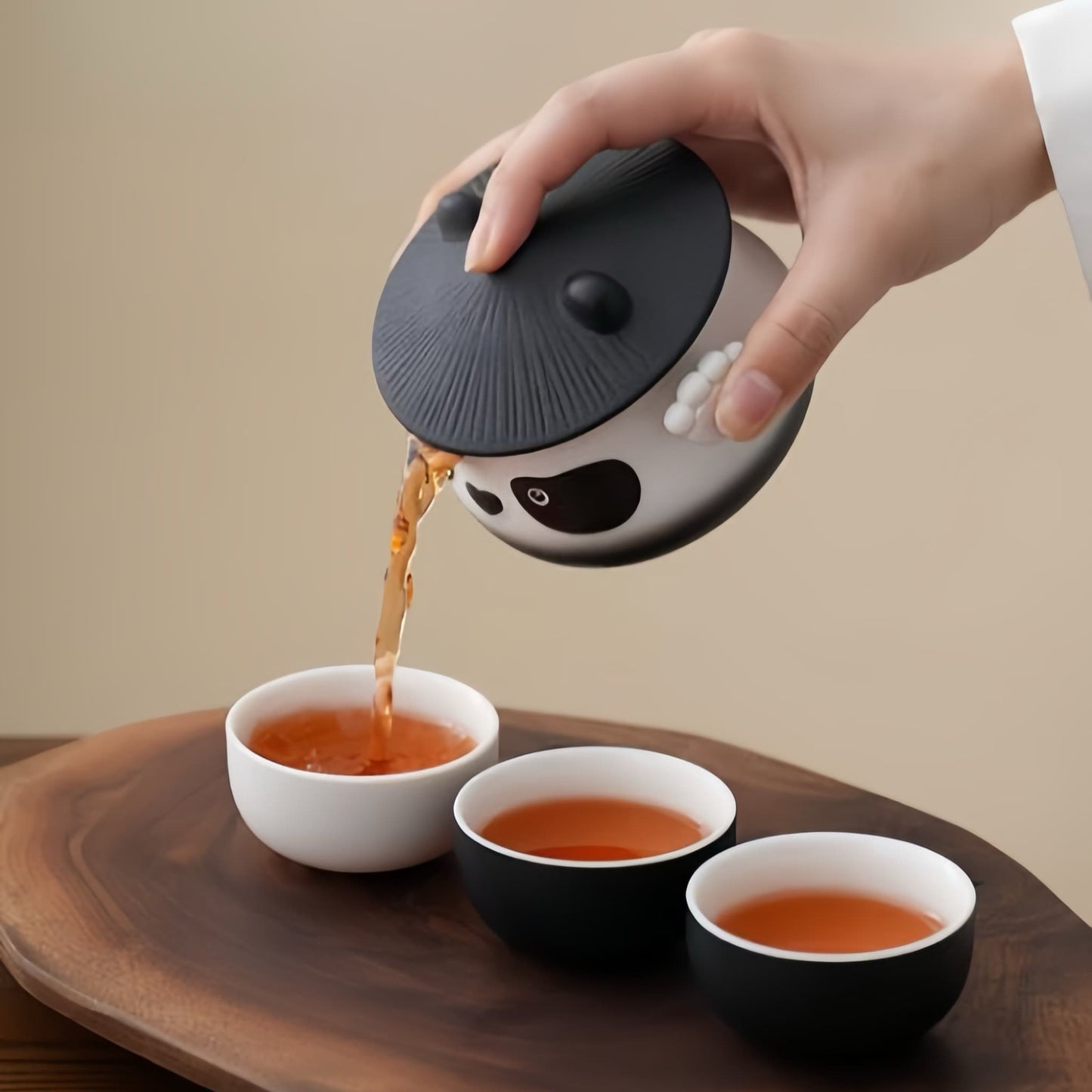Panda Ceramic Tea Set – Adorable Teapot with Panda Design, Cups with Paw Print Details, Bamboo Tea Canister