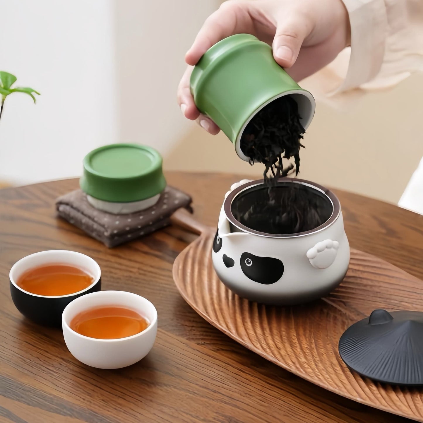 Panda Ceramic Tea Set – Adorable Teapot with Panda Design, Cups with Paw Print Details, Bamboo Tea Canister