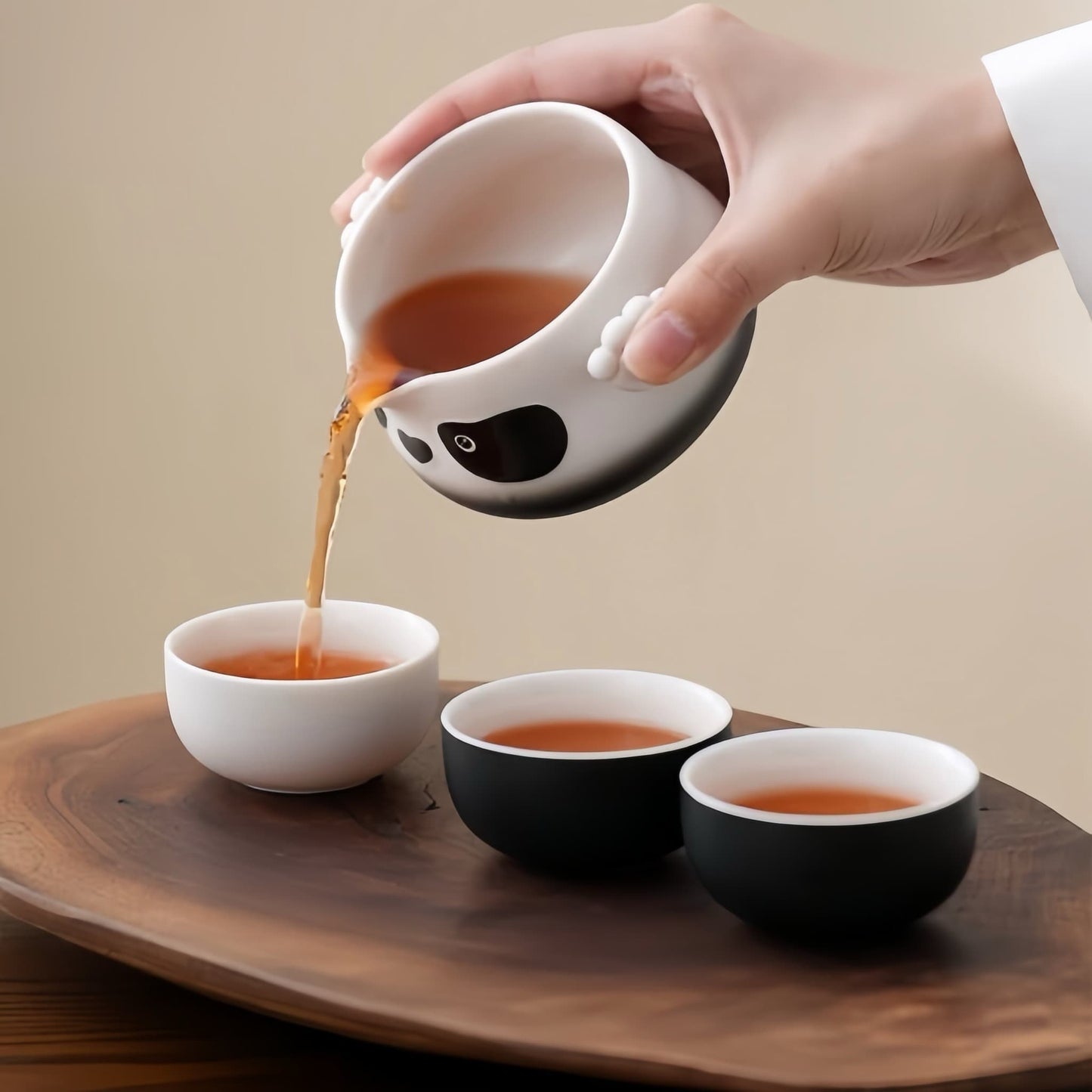 Panda Ceramic Tea Set – Adorable Teapot with Panda Design, Cups with Paw Print Details, Bamboo Tea Canister