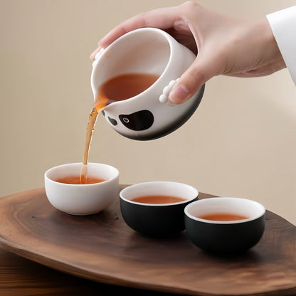 Panda Ceramic Tea Set – Adorable Teapot with Panda Design, Cups with Paw Print Details, Bamboo Tea Canister